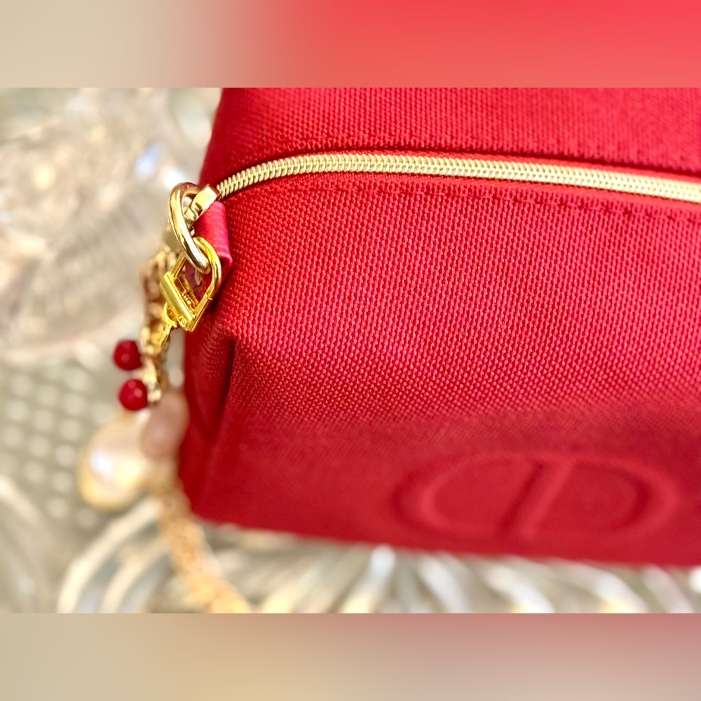With Charm ;Dior Vibrant Red Canvas Cosmetic Sling with rich gold chain - Picture 3 of 17